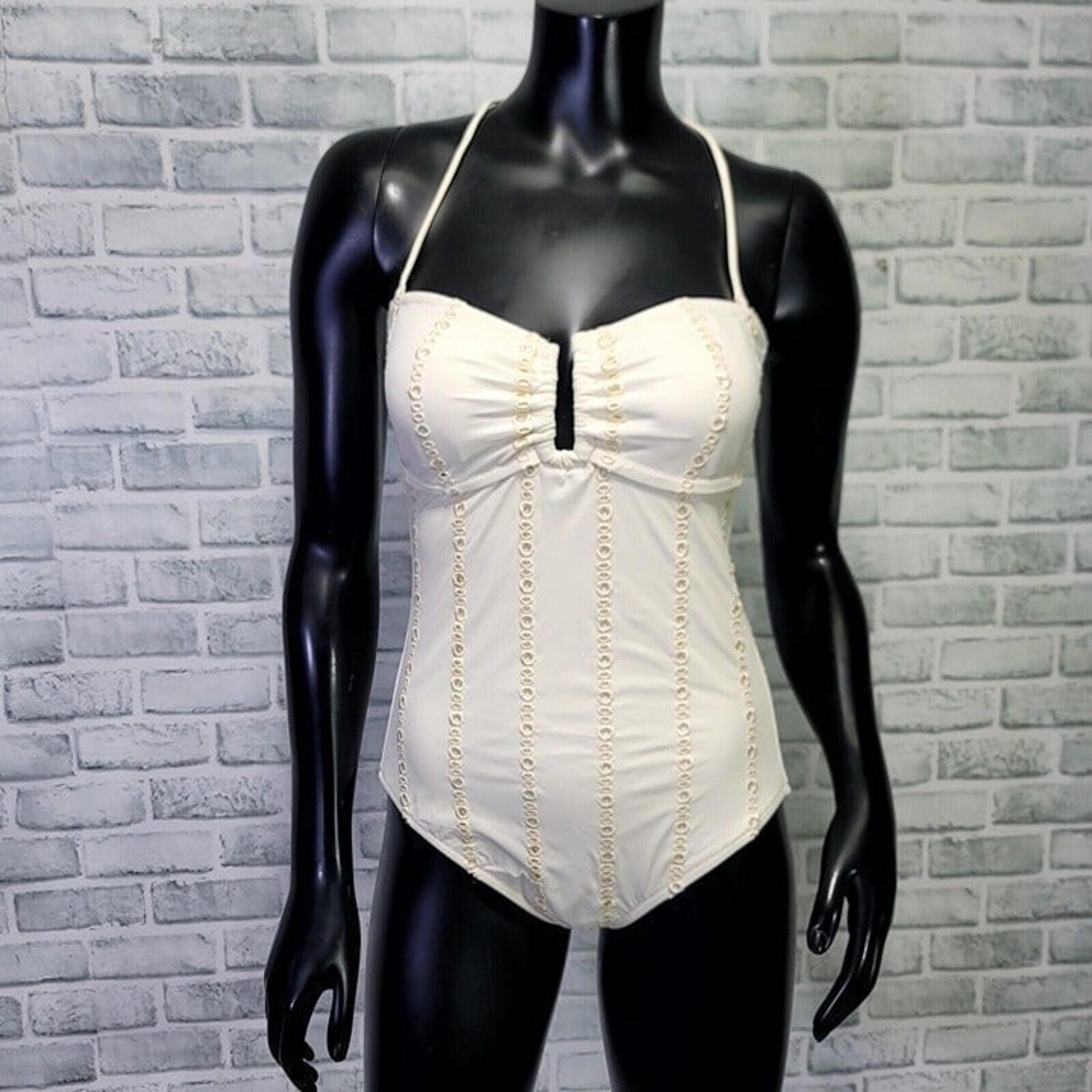 VS Y2K Womens M Ivory One Piece Swimsuit Halter Neckline Eyelet Detail Swimwear