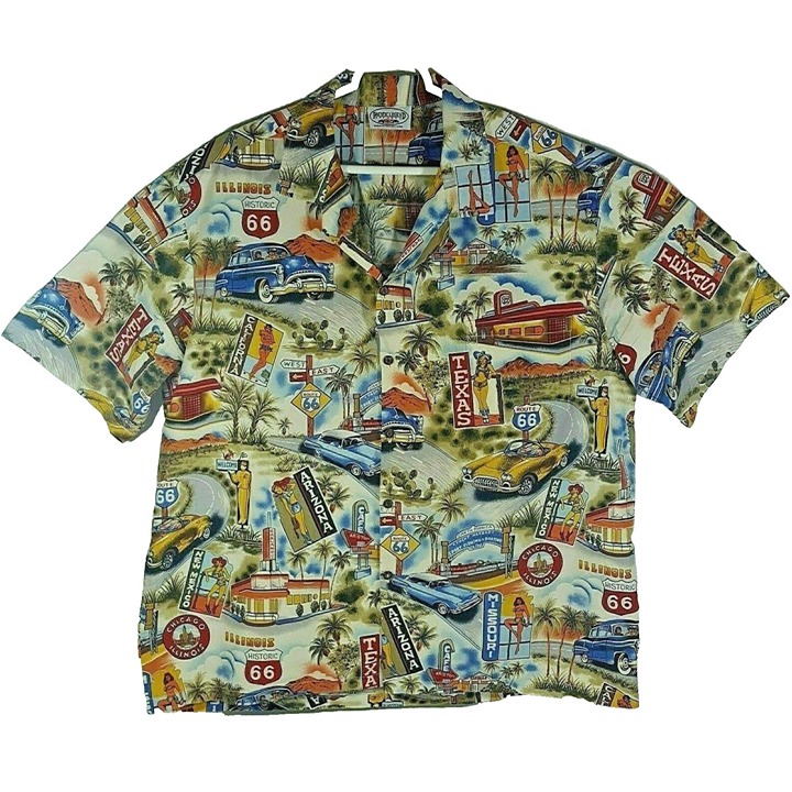 Mens Hawaiian Shirt Blue Orange Yellow Burgundy Pacific Legend Route 66 2XL