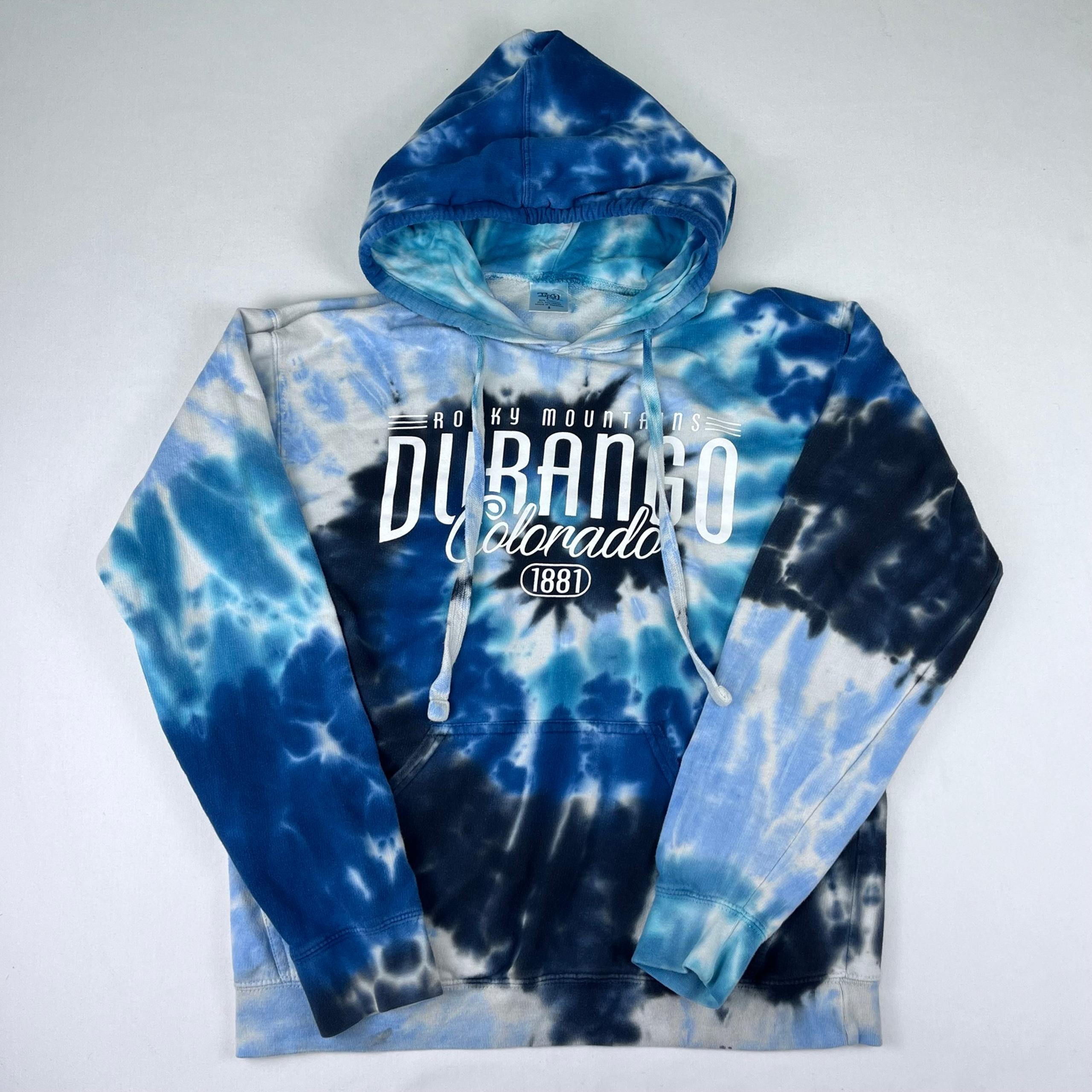 Durango Colorado Rocky Mountains 1881 Hoodie Unisex Sz Small Blue Tie Dye Tipsy