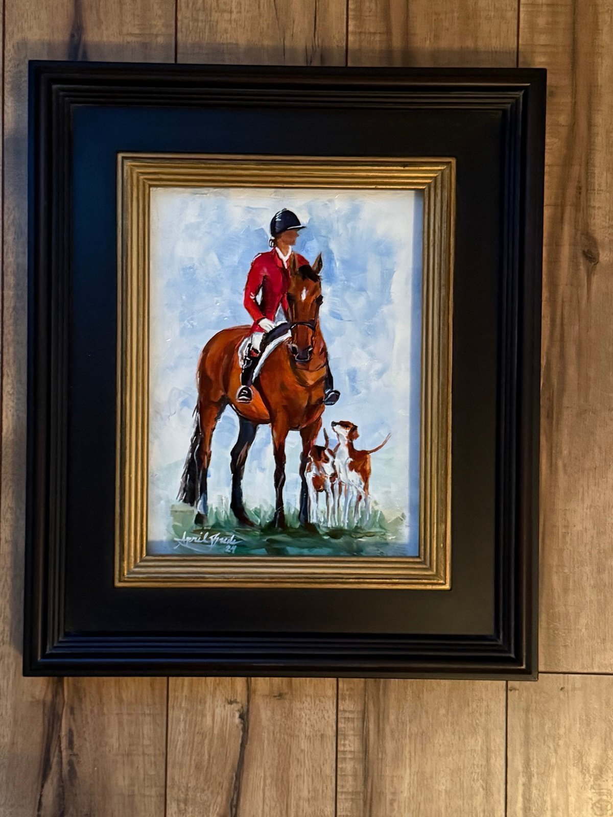 original painting FOX HUNTING bay horse hounds EQUESTRIAN  9x12
