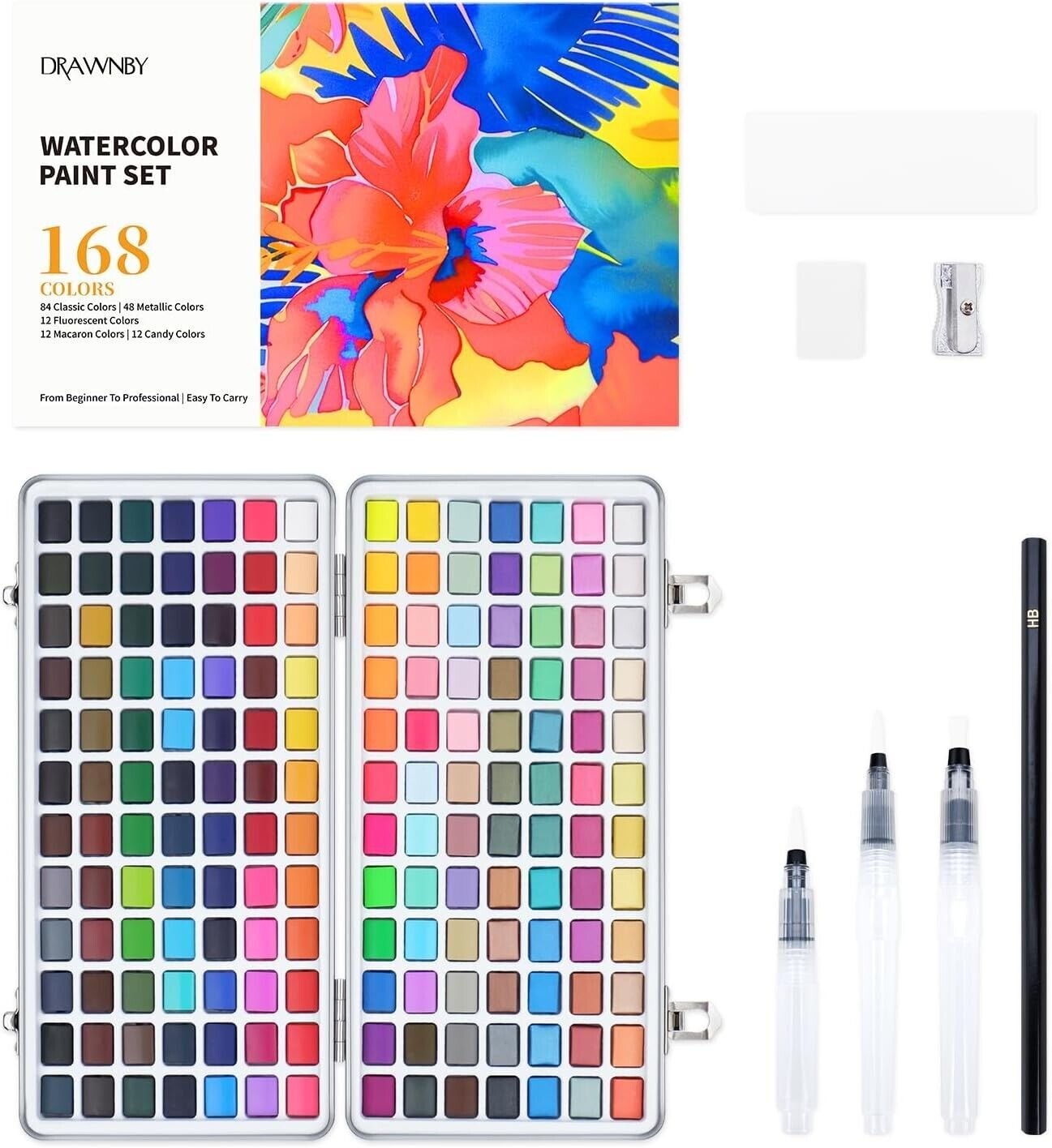 Watercolor Paint Set, 168 Vivid Colors including Palette, Water Brush Pens