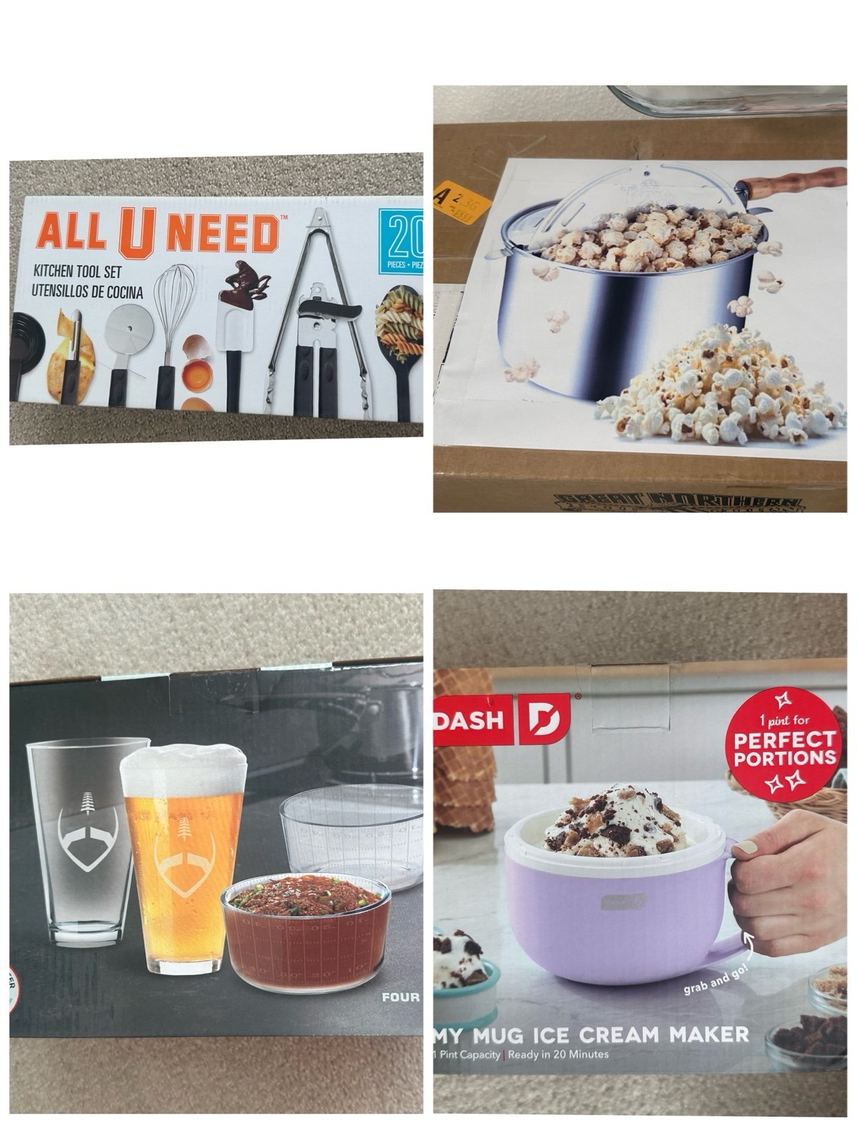 New kitchen items: beer cups/ utensils cookware/popcorn maker, icecream maker