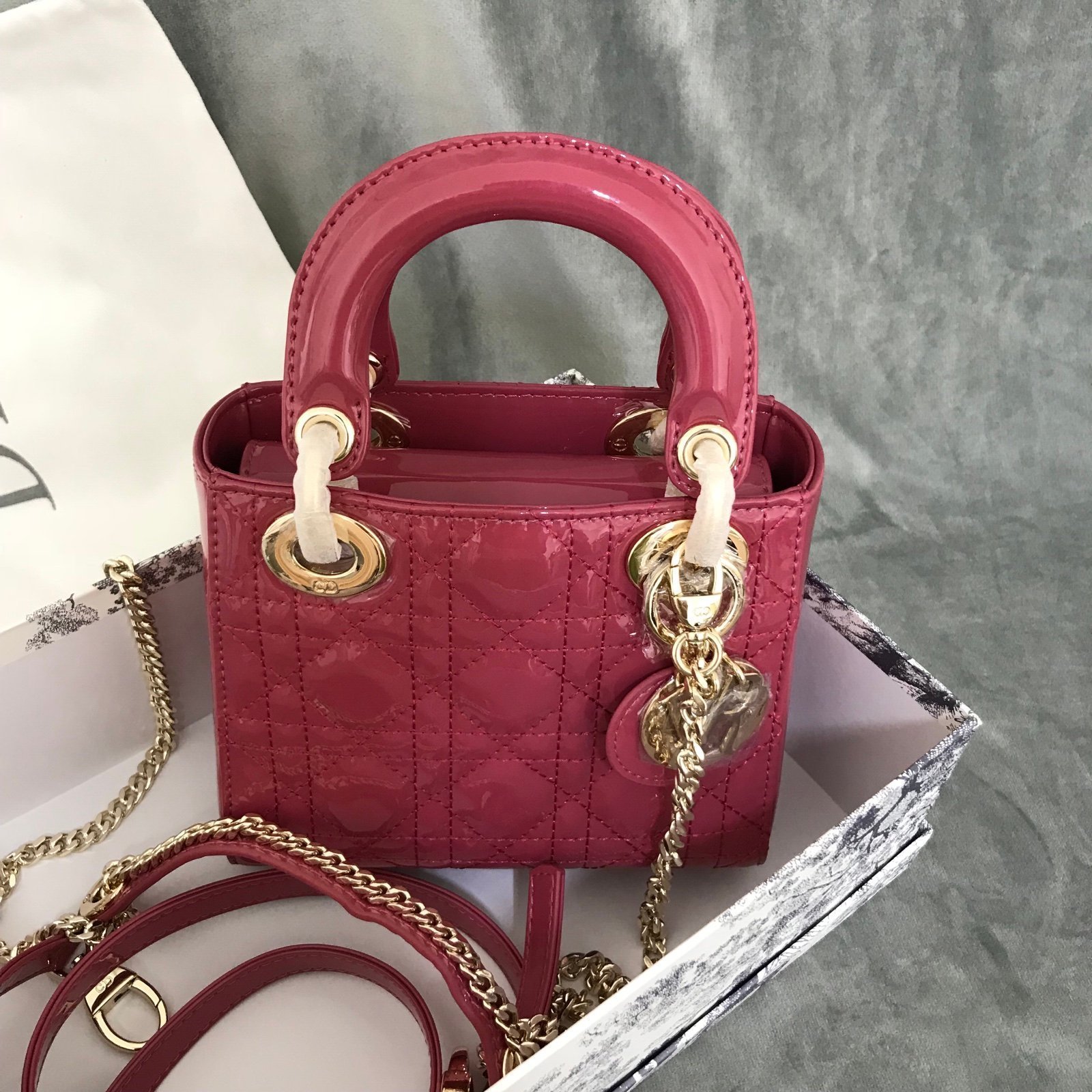 Lady Dior Patented Leather Cannage Handbag Pink