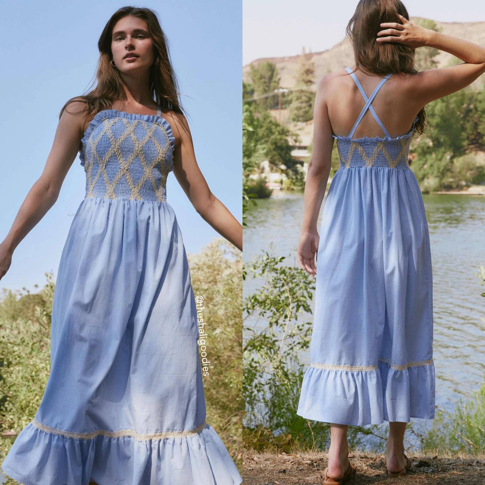 CHRISTY DAWN The Noelle Dress Blue Embroidered Ruffle Trim Maxi