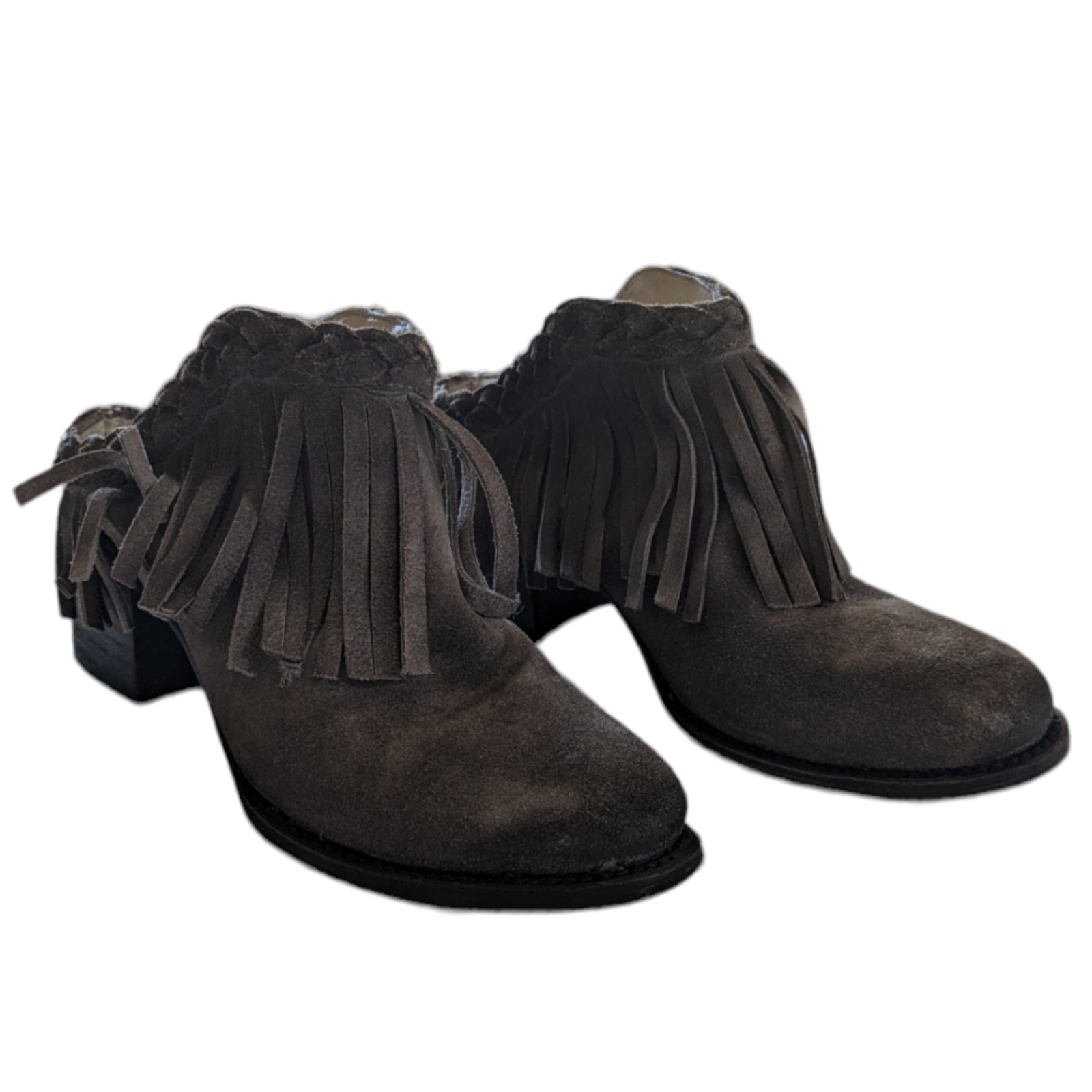 Freebird Lucy Fringe Mules Women's Size 7 Bohemian Grey Festival Leather Shoes