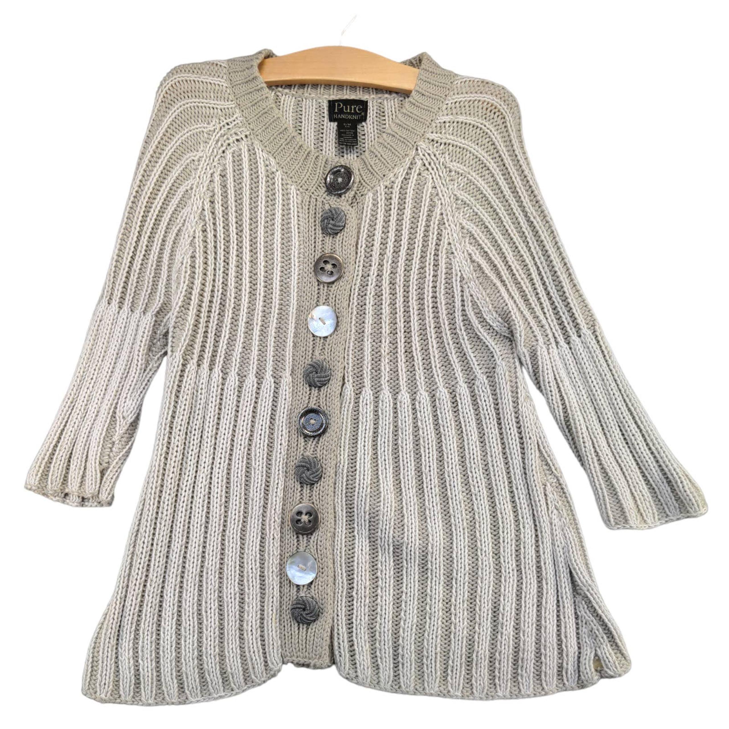 Pure Handknit Women's Cardigan Sweater Gray White S/M Ribbed Knit Cotton Canada