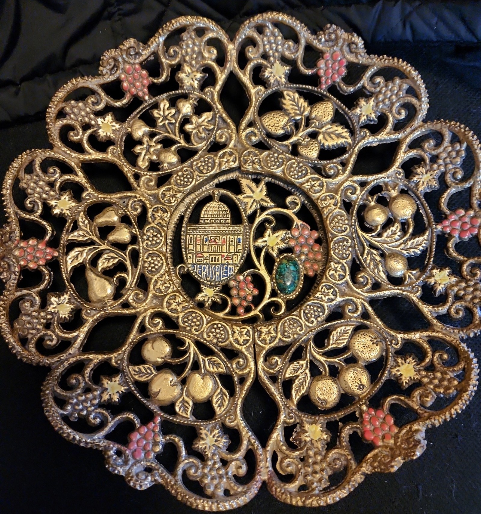 Vintage Judica Brass Jerusalem Hand Painted Eilat Stone Plate