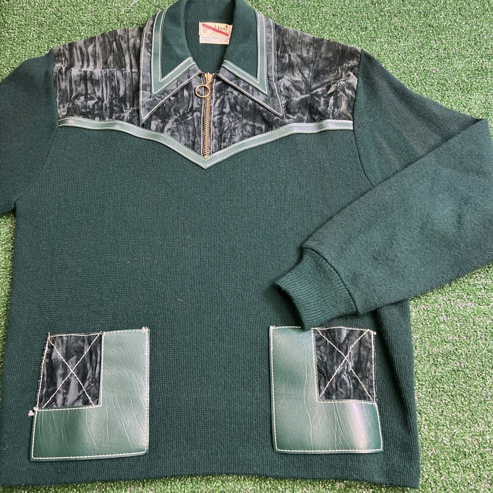 Vtg Parkton Casual Wear Virgin Orlon Acrylic Leather Suede Sweater Green Mens Lg