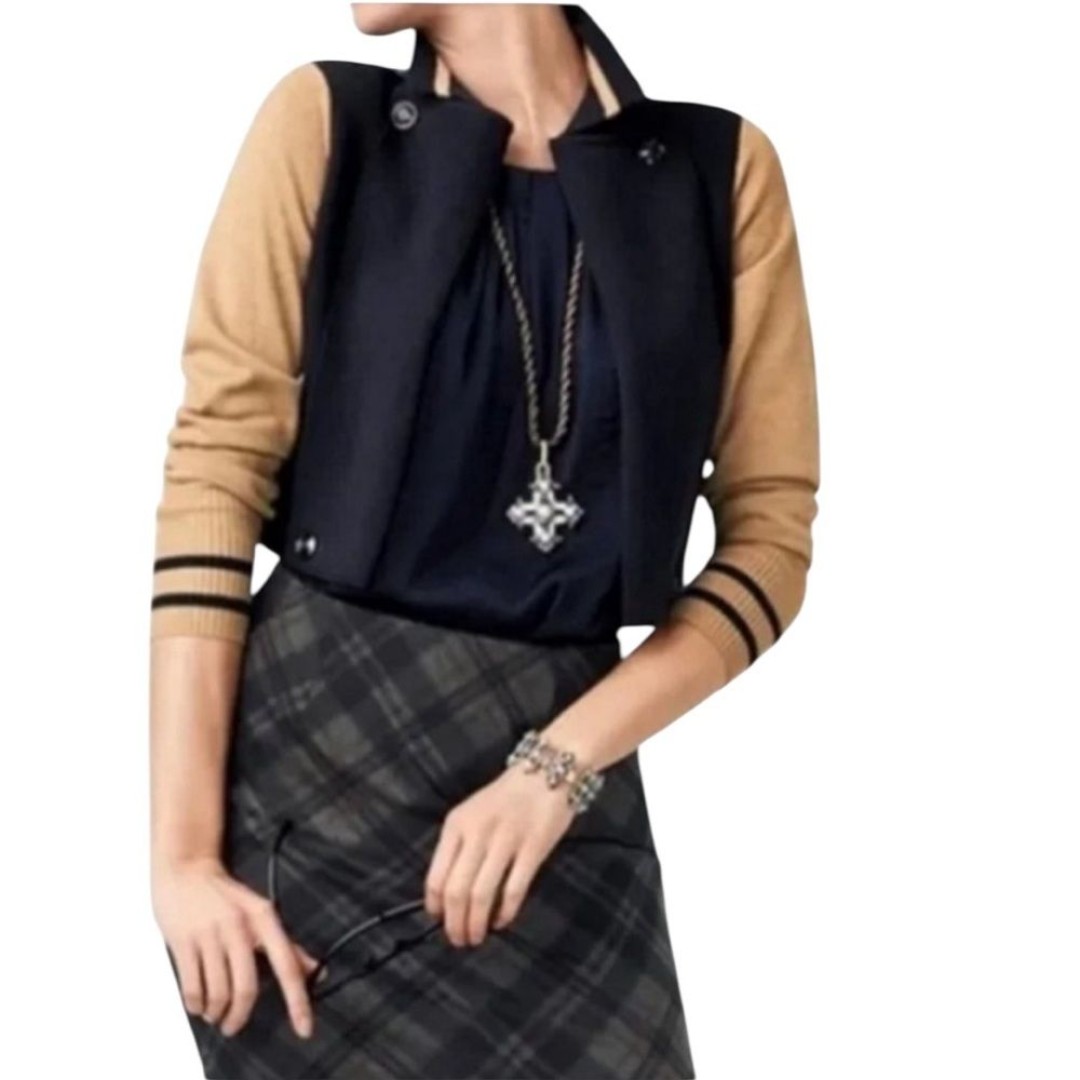 Cabi Style 3703 Turn Back Colorblock Blue Brown Cropped Sweater Cardigan Knit M