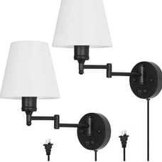 Set of 2 Adjustable Swing Arm Wall Sconces - Bedroom Wall Lamps with White Shade