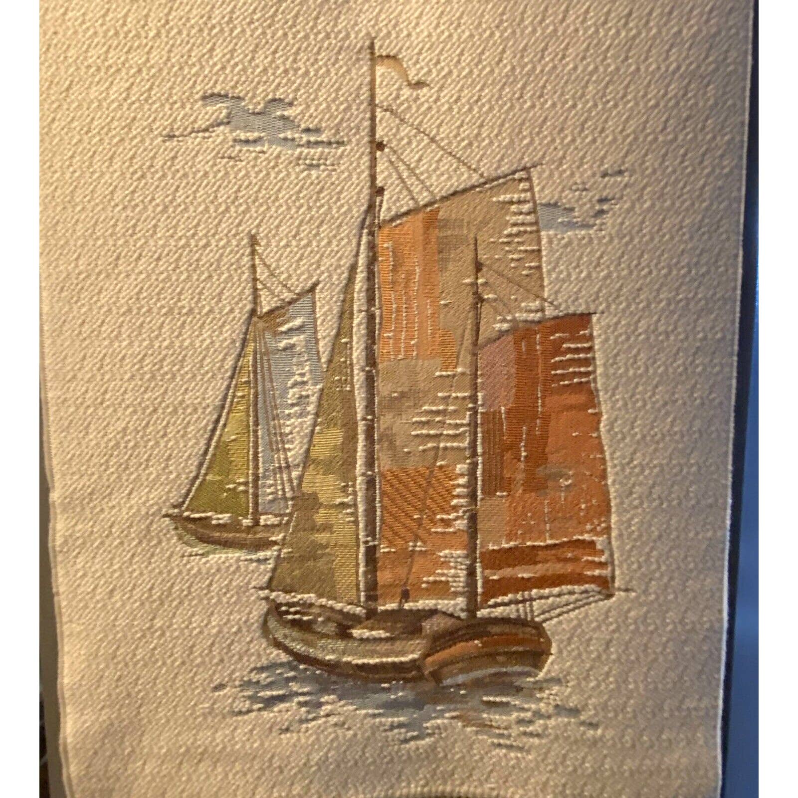 Vtg MCM Nautical Boat Landscape Yarn Macrame Wall Hanging tapestry BOHO bamboo