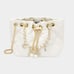 Gold & White Leather Mini Bucket Bag Pearl Charm Purse Cute Womens Chain Link