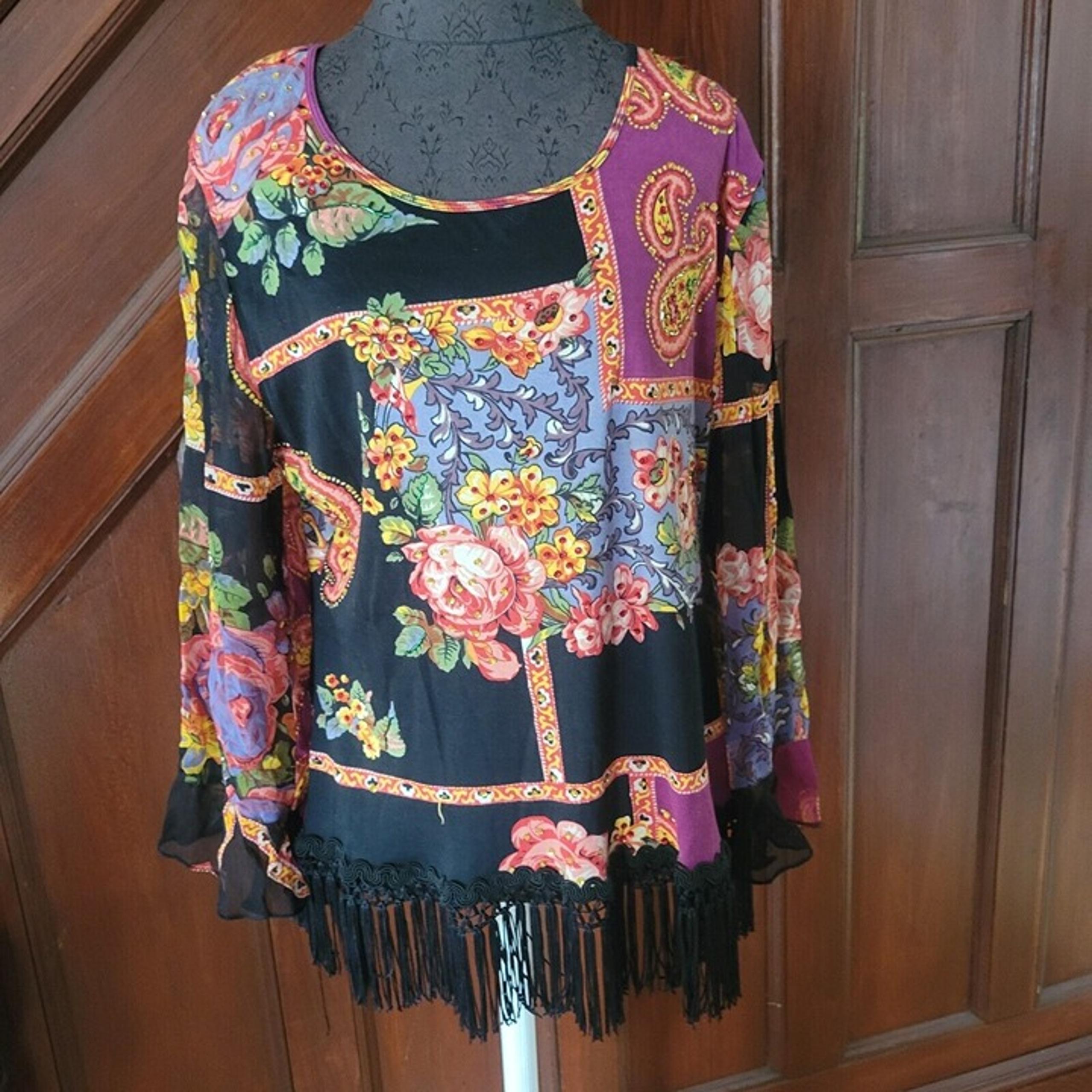 Vtg 90's Boho Jane Ashley Large Top Button Shirt Blouse Floral Patchwork Print