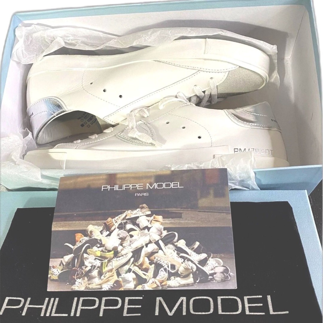 NEW Philippe Paris Model 41 1005 Women's 10 Sneakers White Silver Dustbag+Card