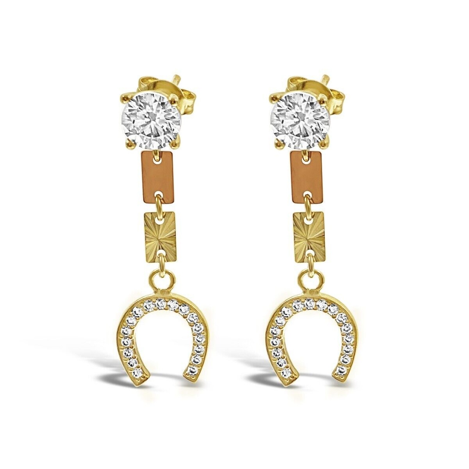 Horseshoe Drop Dangle Stud Earrings Real 14k Yellow Rose Gold
