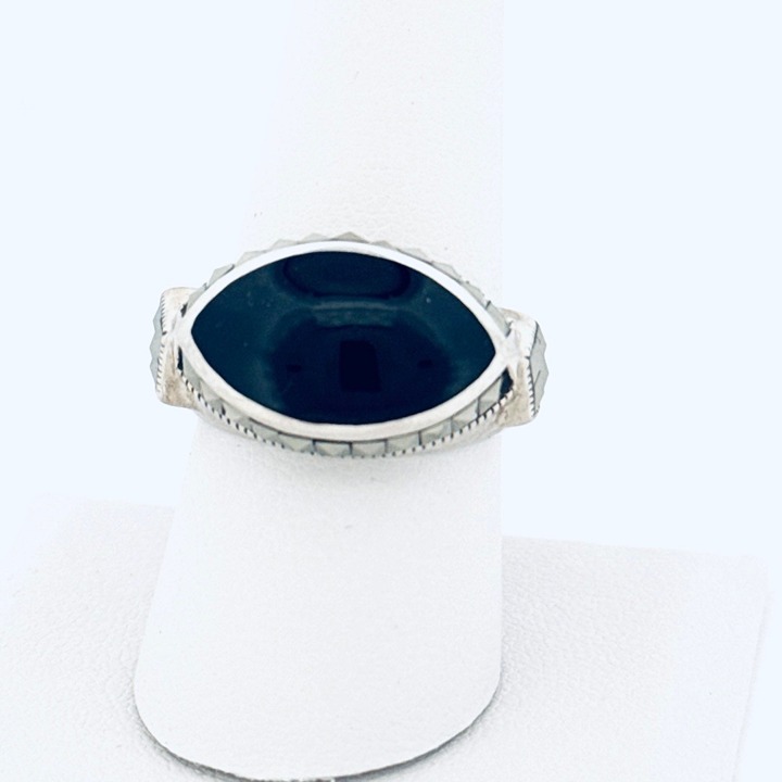 Estate Sterling Silver 925 Black Onyx Marquise Ring Size 9 Thailand 7.1g