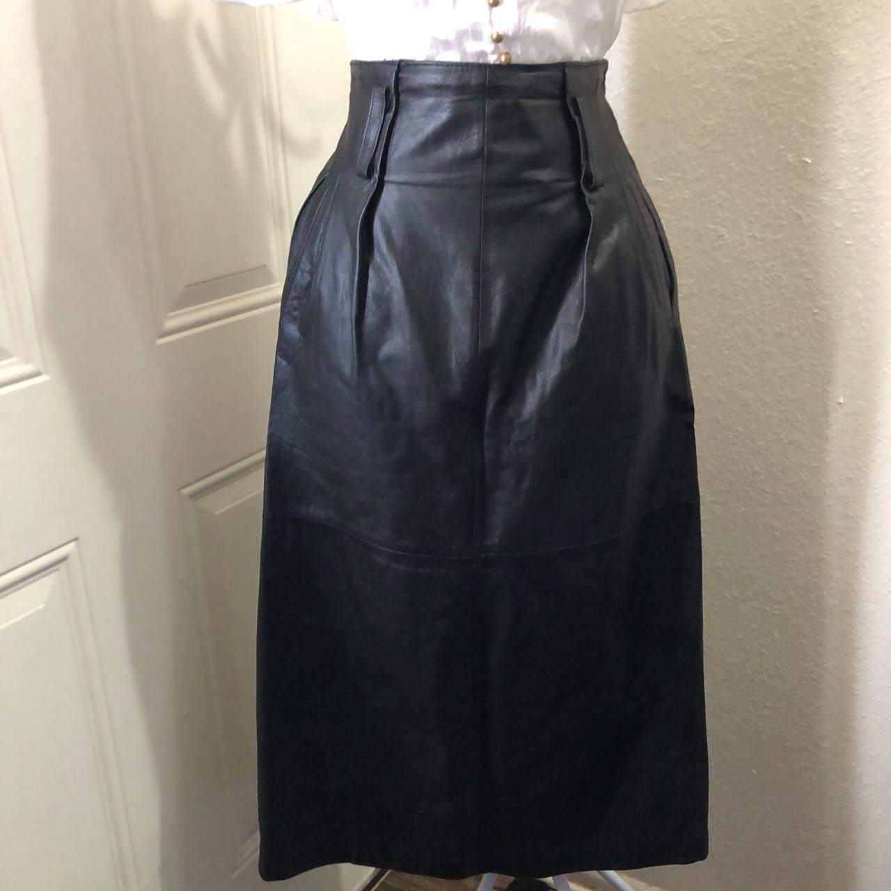 Genuine Leather Black midi knee length high pleated waist skirt slit pencil goth