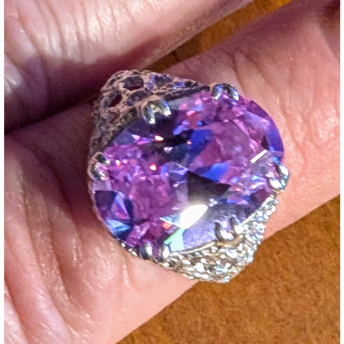 Large Brilliant Rose de France Crystal CZ 925 Sterling Filigree Ring Size 7.75