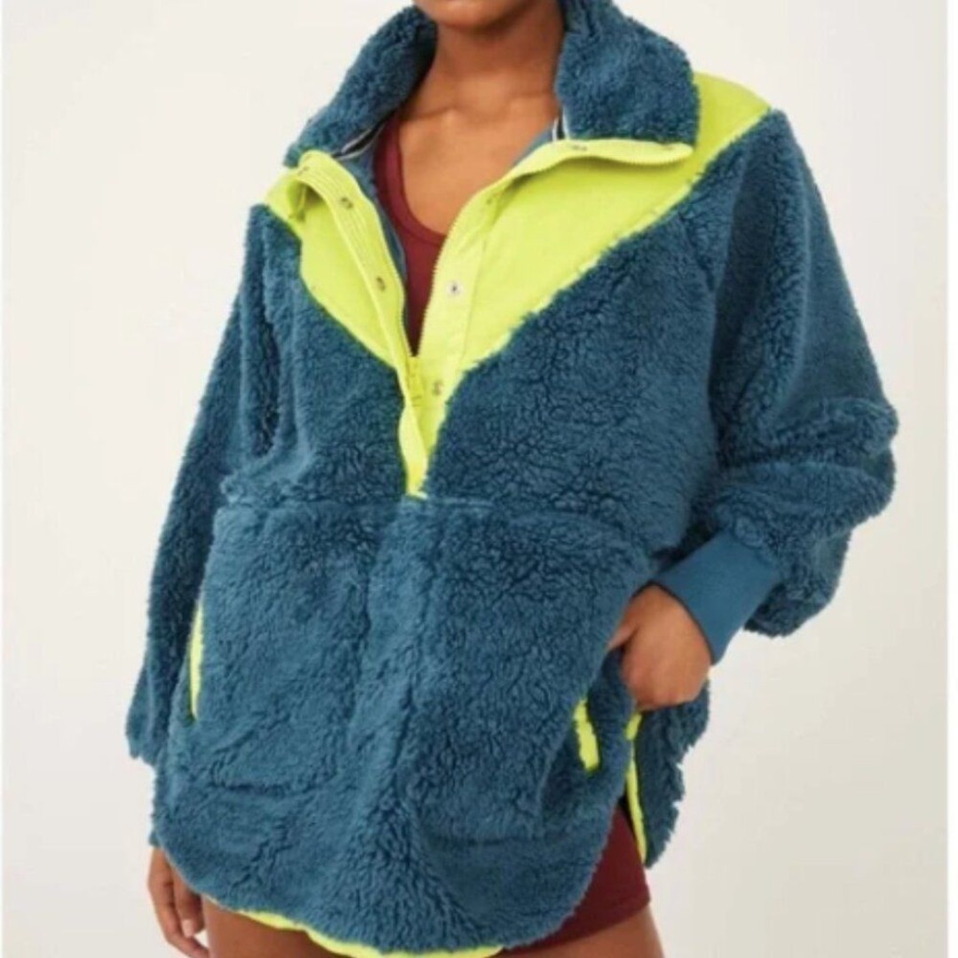 Free People Fall To Rise Fleece Quarter Snap Teal Yellow Size M