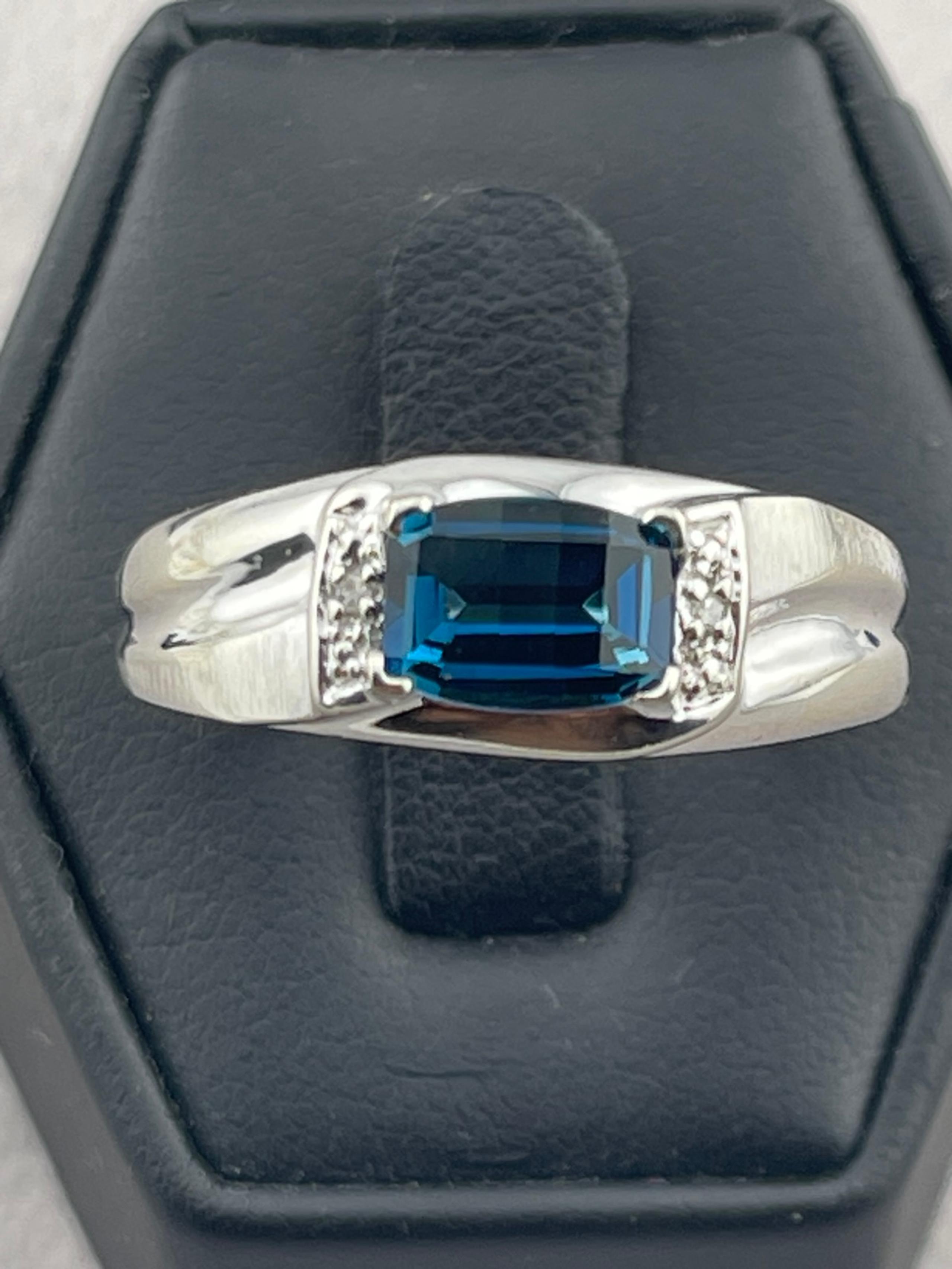 Vintage men’s, London, blue topaz and diamond ring 10 karat white gold