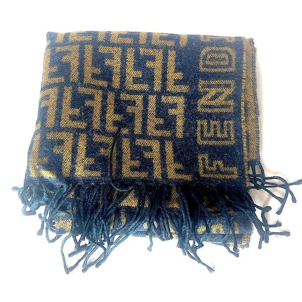 FENDI Navy Blue Tan Wool Silk Scarf with Decorative Tassels
