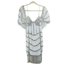 ASOS Rhinestone Beaded Fringe Draped Shoulder White Cocktail Mini Dress 12 NWT