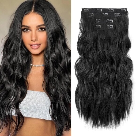 New 4PCS Clip-in Hair Extensions 24 Beach Waves Synthetic Hairpieces (Black)