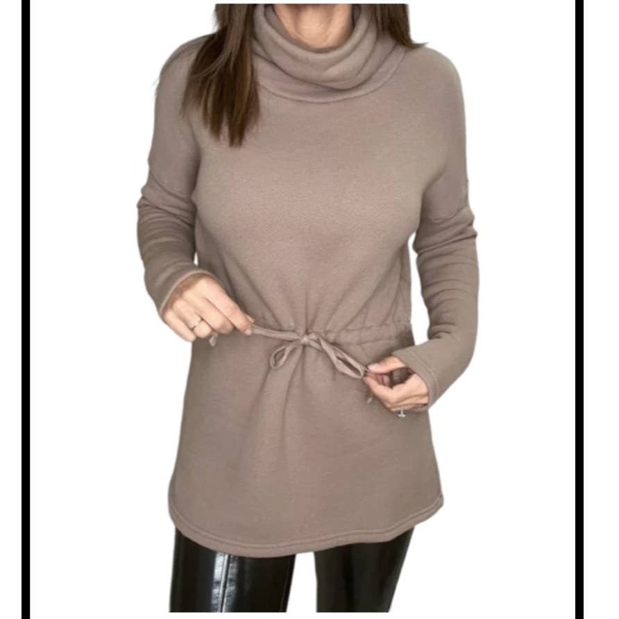 Bobi French Terry Tunic In Java Funnel Neck Waist Adjustable Drawstring Medium