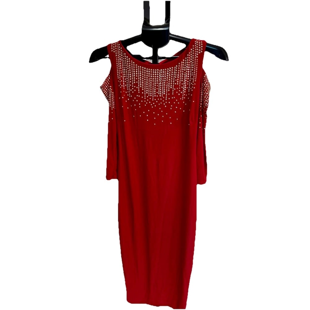 Gorgeous Glamazon Red Cold Shoulder Embellished Red Dress M 3/4 Sleeve Bodycon