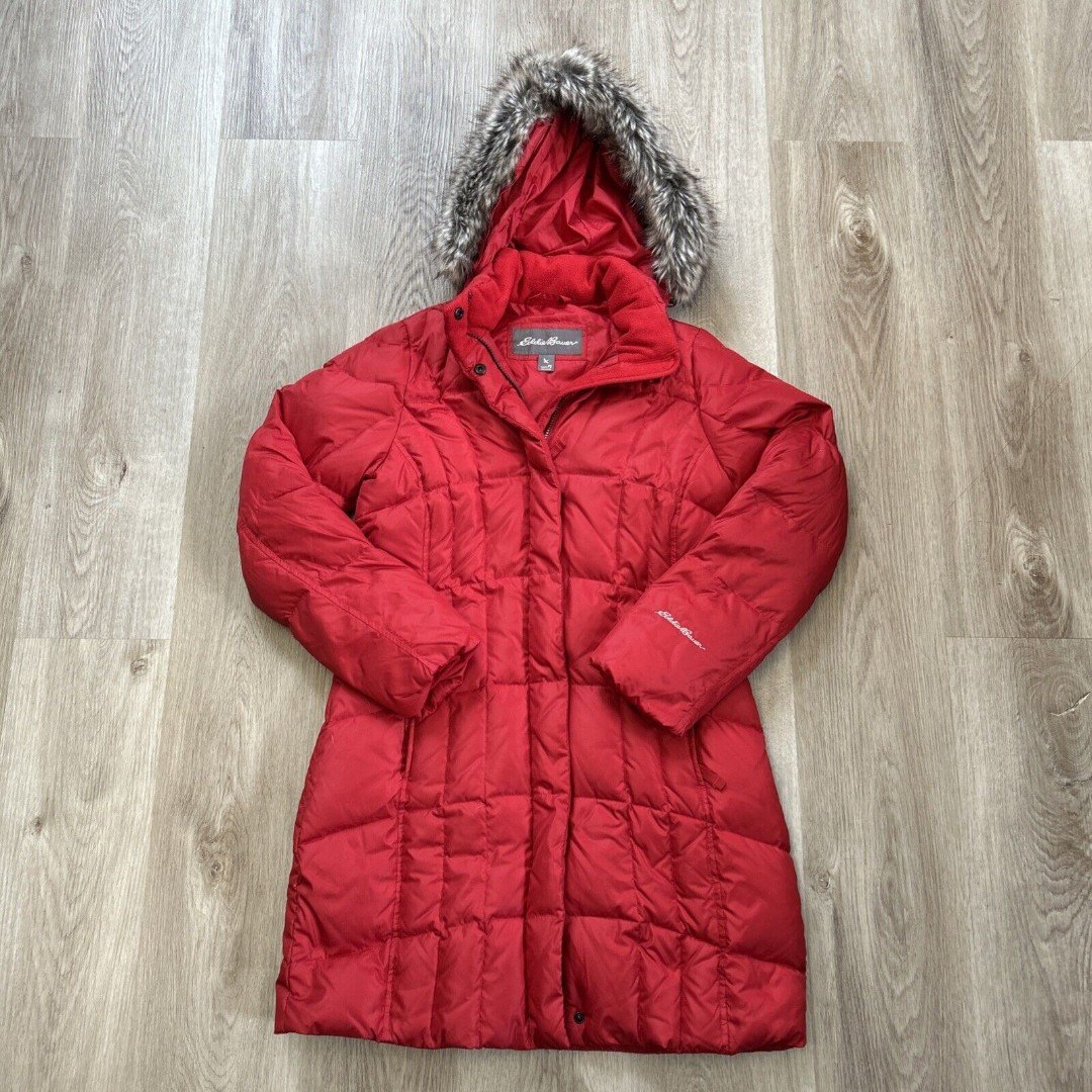 Eddie Bauer Womens Petite Small Quilted Down Parka Red Hooded Puffer Jacket Coat