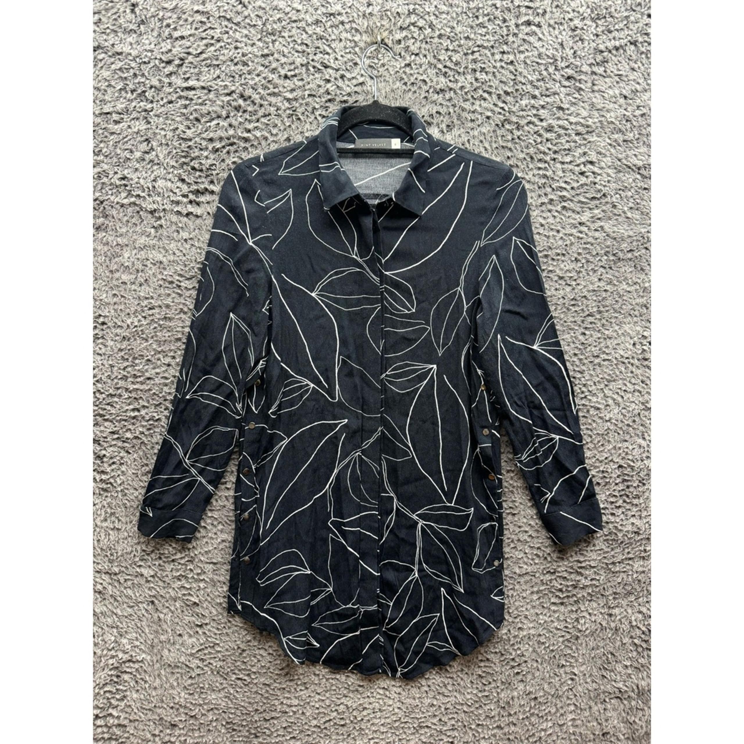 Mint Velvet Summers Print Longline Long Sleeve Shirt Black Womens Size 8