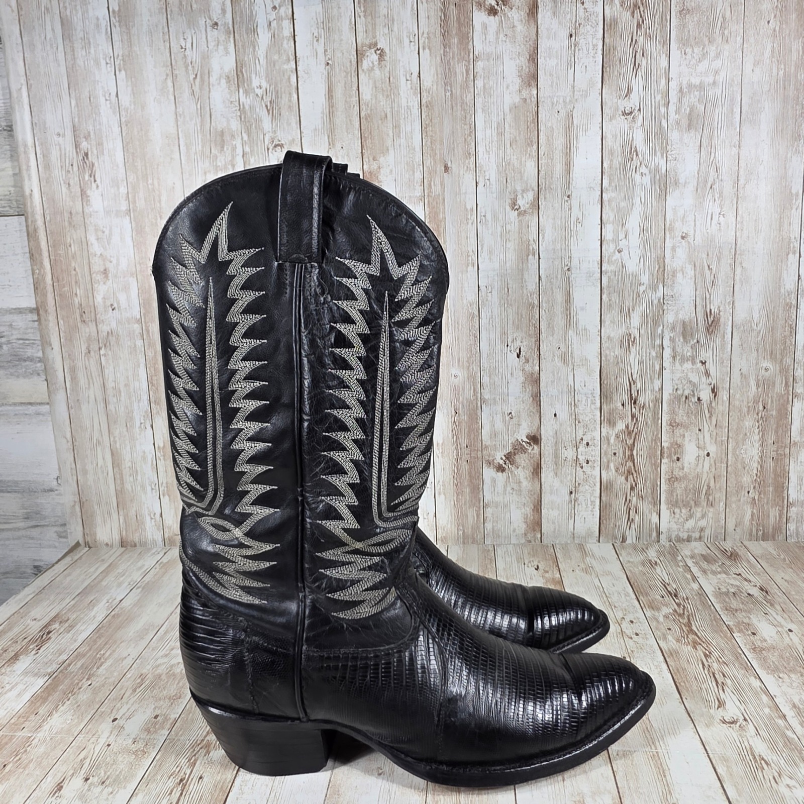 Tony lama Cowboy Western Boots Lizard Leather Black Silver Stitching 10D
