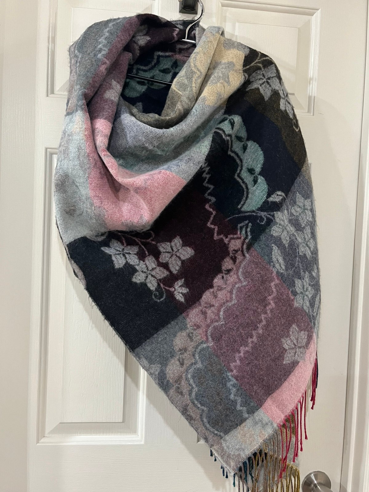 PRIMO FILO ITALIA Aqua, Burgundy and Gray Floral Bohemian Fringed Scarf /Wrap