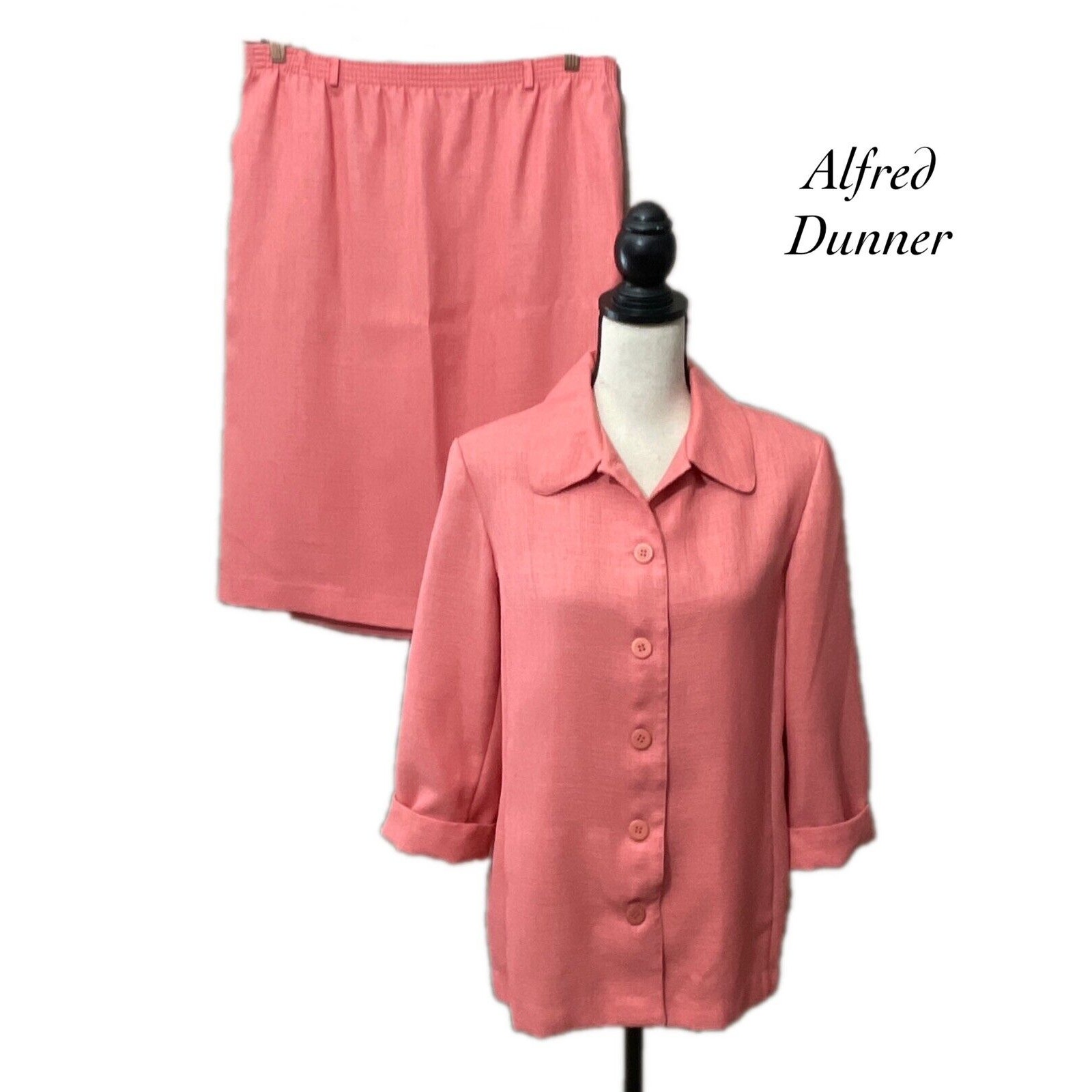 Alfred Dunner Coral Pink 3/4 Rolled Sleeve Pockets Twill Skirt Suit Size 12