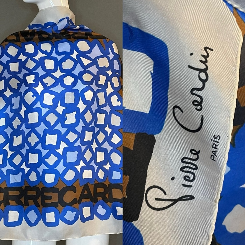 Vintage Pierre Cardin Silk Scarf Block Letter Logo Border 34 In Good Condition