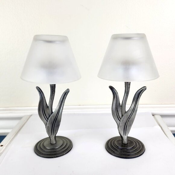 Brassbell Company Set of Two Pewter Tealight Candleholders Glass Frosted Shades