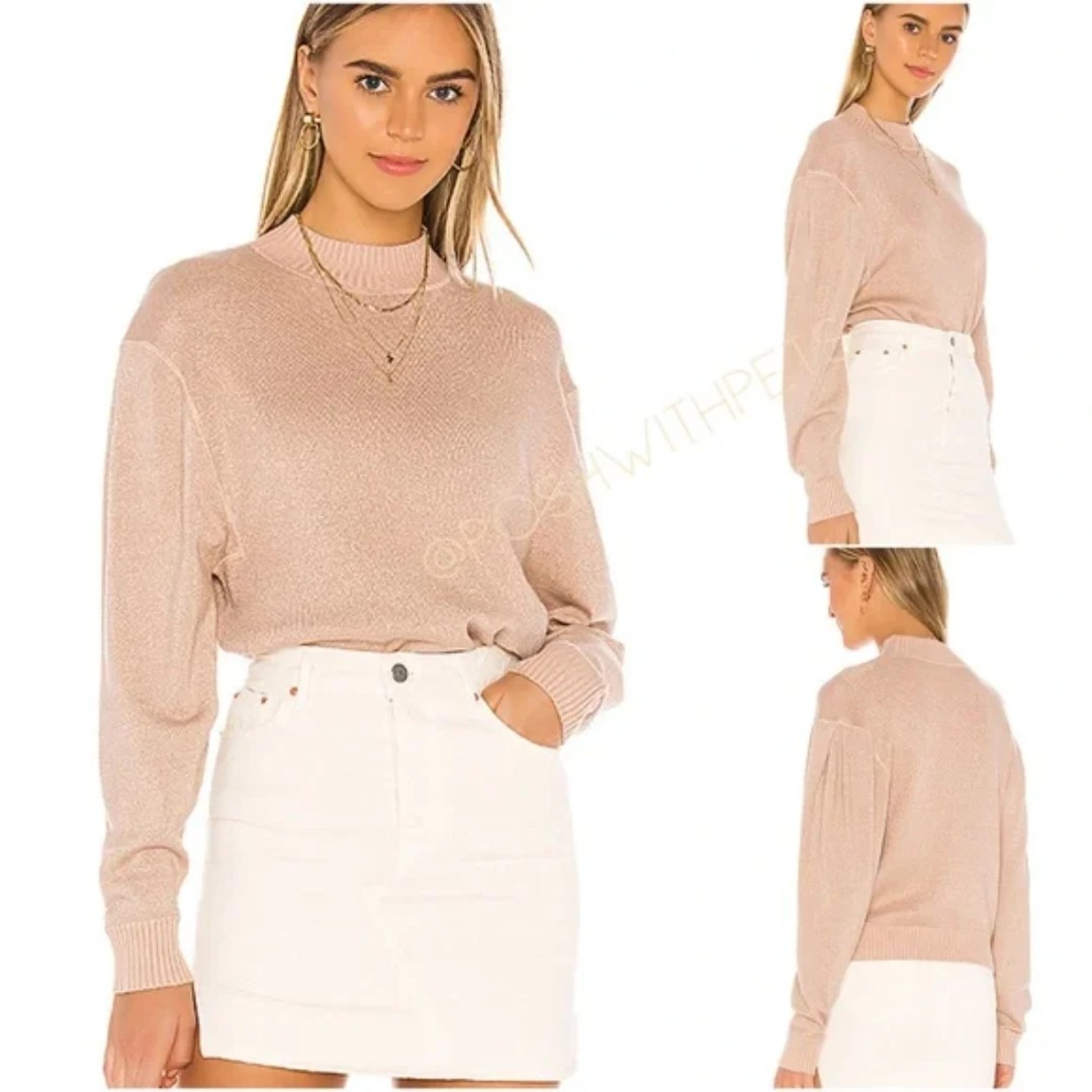 Free People NWT Revolve Starry Night Long Sleeve Metallic Sweater Cream Pink New