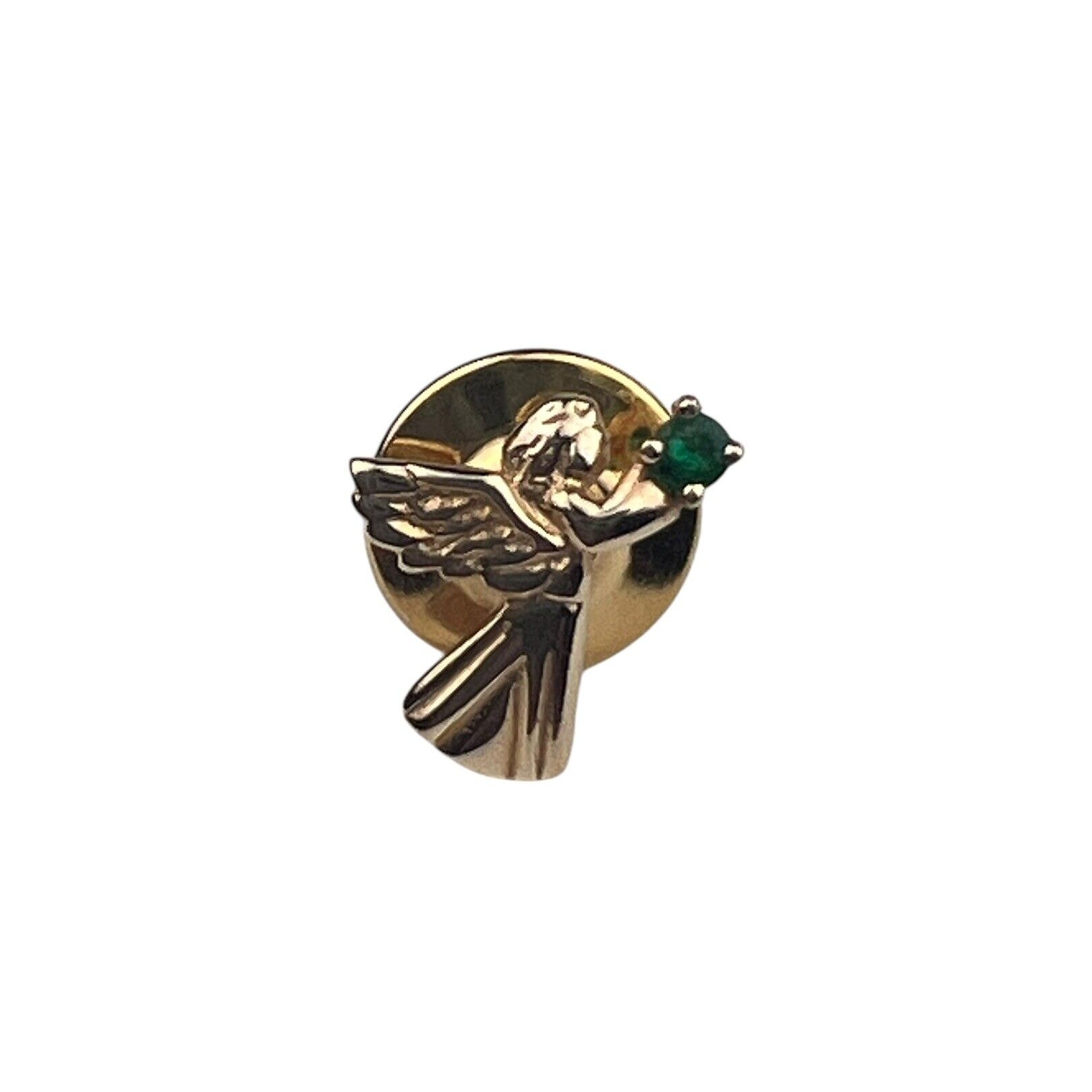 14K Yellow Gold 585 Small Angel Tie Tack Lapel Pin Emerald .75g