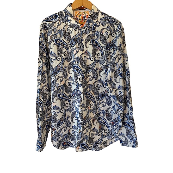 Men’s Robert Graham Blue Paisley Button Down Dress Shirt Classic Fit Size XL