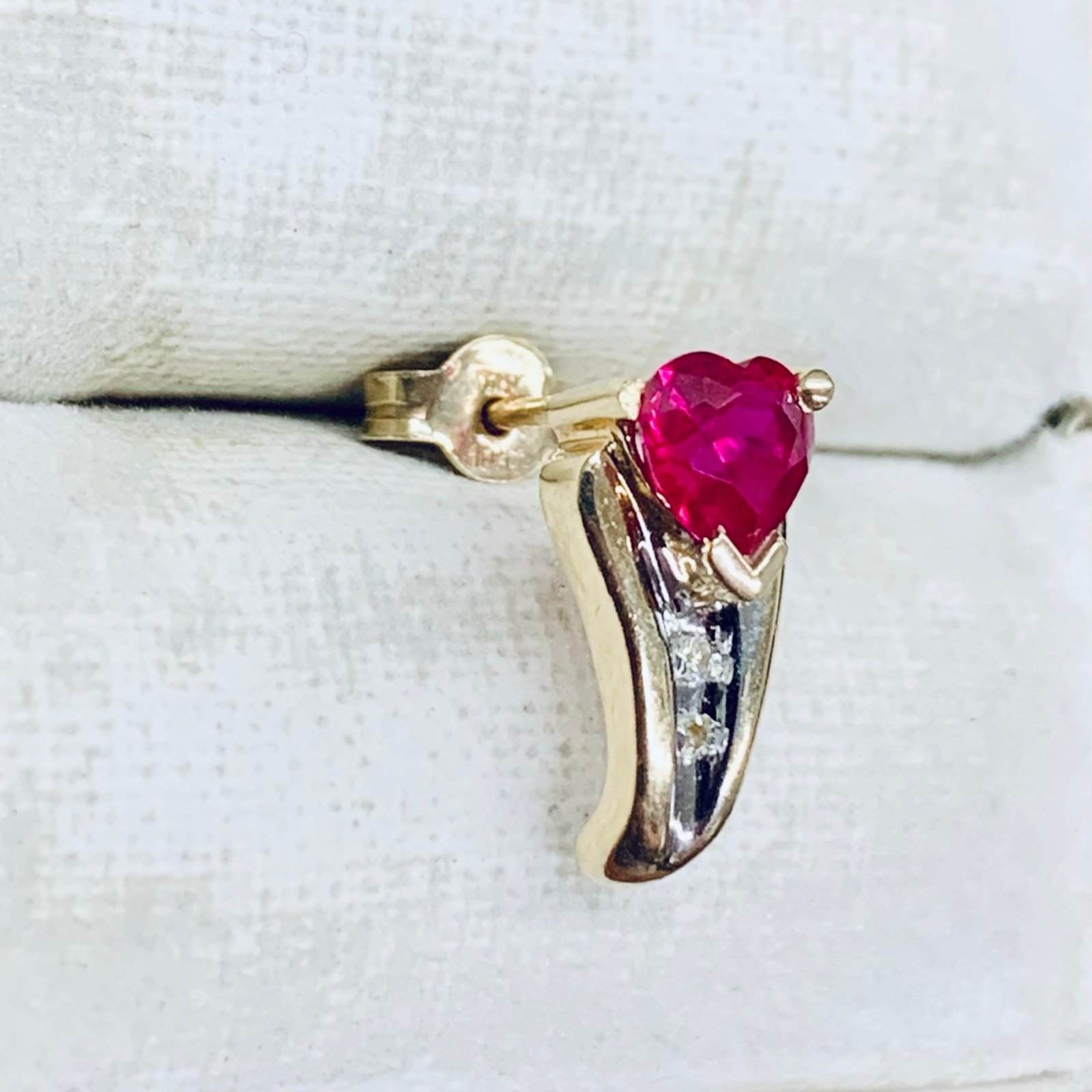 One Single THL 10k Yellow Gold Lab-Created Ruby Heart & Diamond Bow Stud Earring