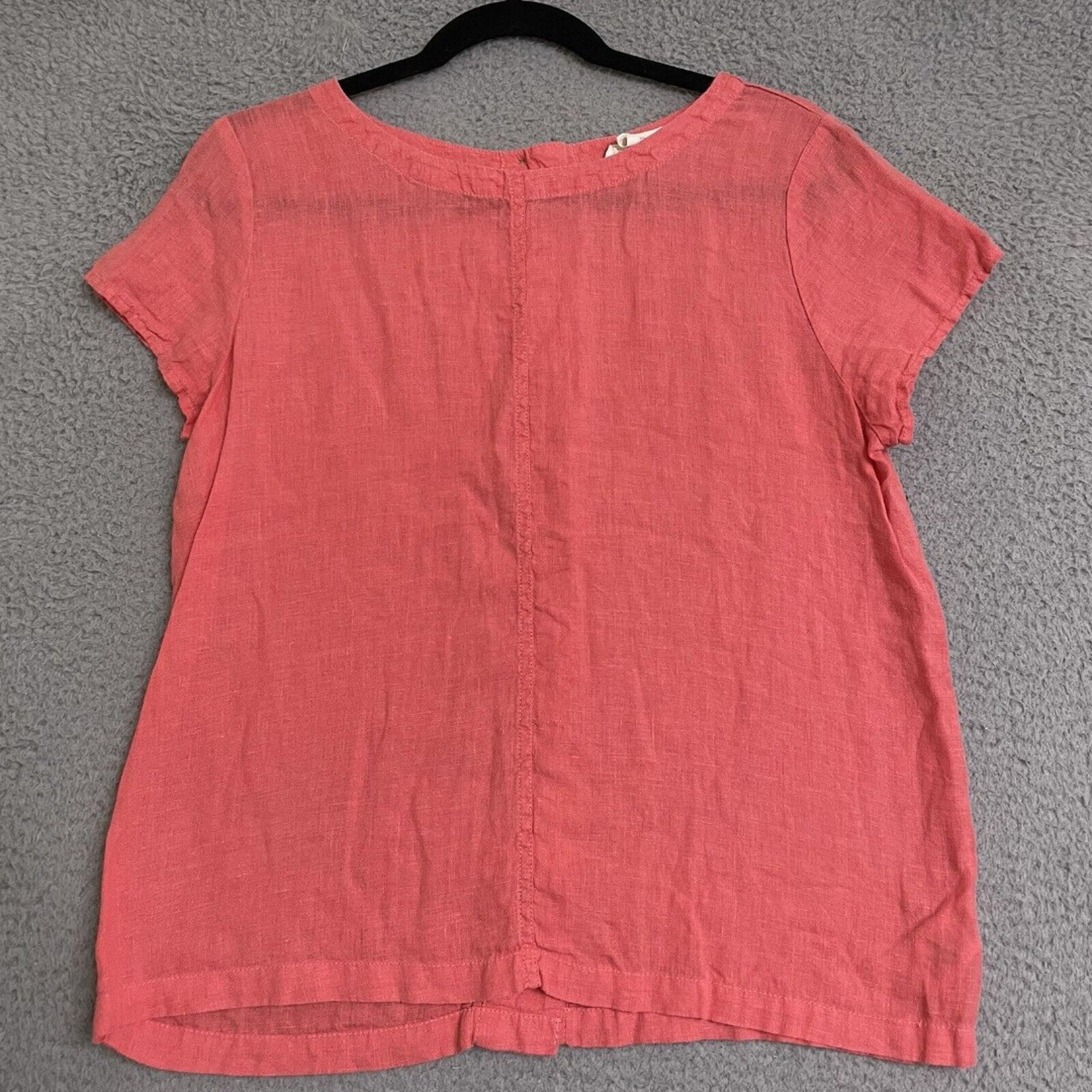 C&C California 100% Linen Button Back Short Sleeve Blouse Coral Womens Small
