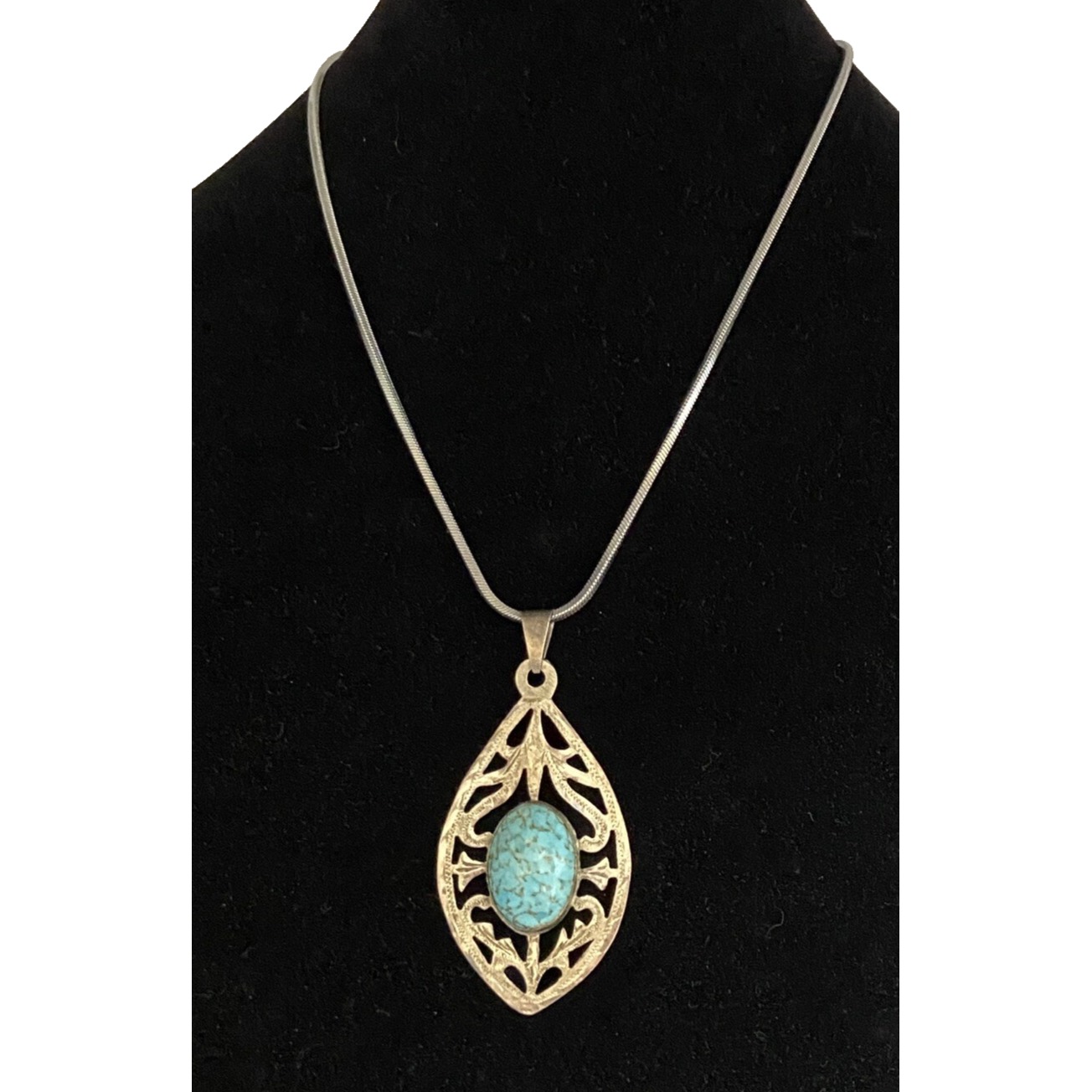 Signed Sterling Silver 925 & Tourquoise Pendant on a Stainless Steel Chain