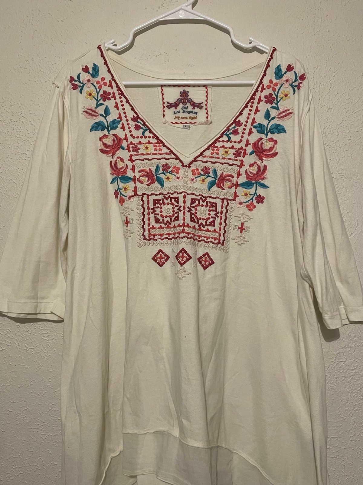 Johnny Was Ivory 3\4 Sleeve Embroidered V-Neck Tunic Top Size L