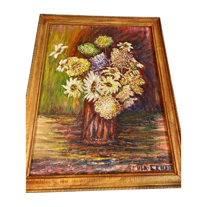 Vintage MCM Eula Cehan oil painting queen ann's lace evening style framed wall