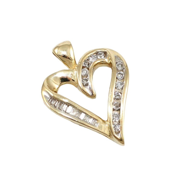 Solid 10K Gold 0.15TCW Channel Set Round Baguette Natural Diamond Heart Pendant