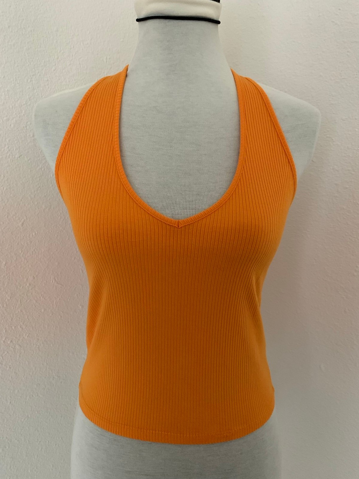 GARAGE Women’s Orange Halter Open Back Bandeau Ribbed Crop Tank Top Blouse Sz L