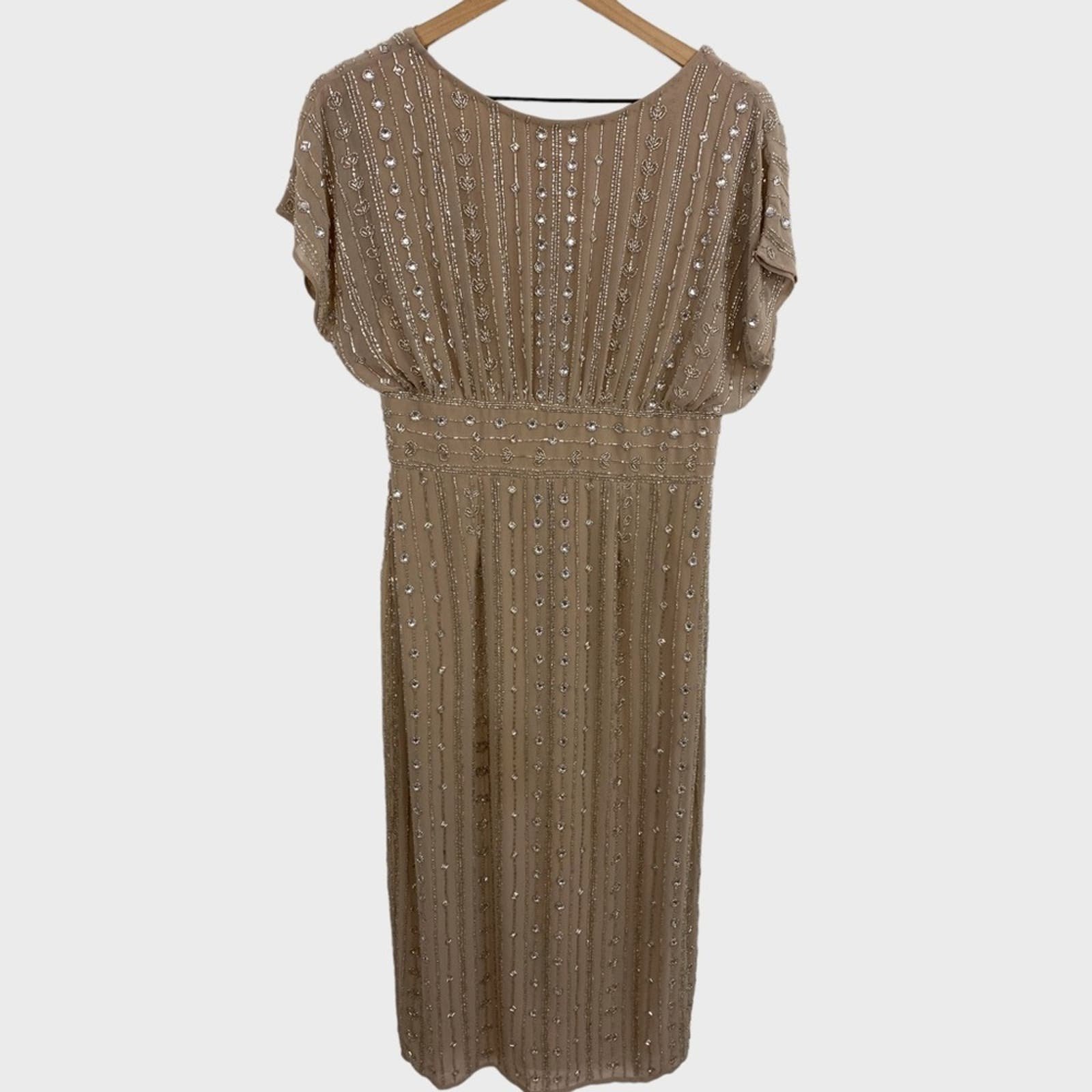 NWT Mac Duggal Hand Embellished Beaded Floral Mocha Mid Length Dress Size 6