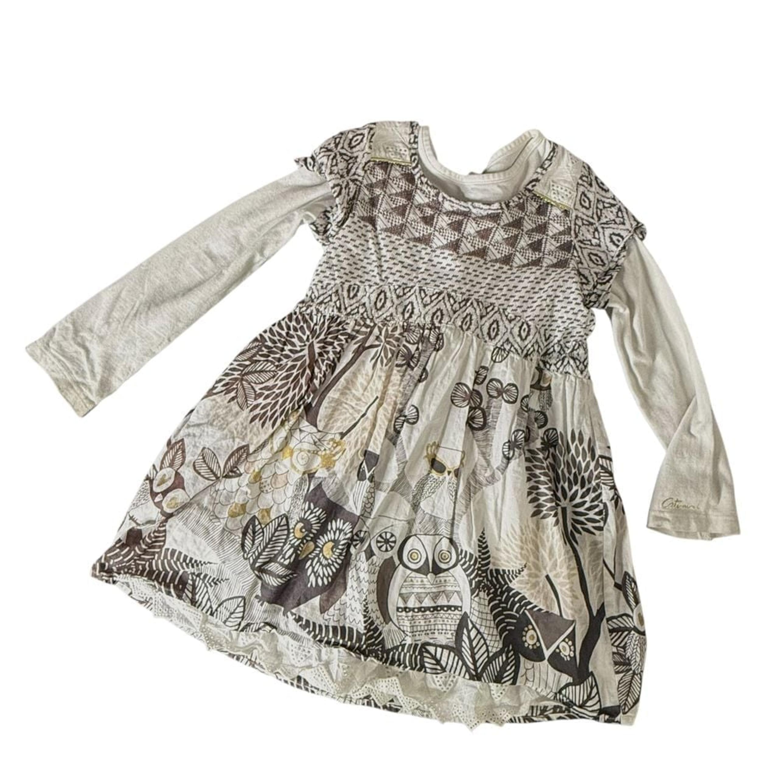 Catimini Girls Dress Size 4 104CM Owl Print White Brown Floral Eyelet France
