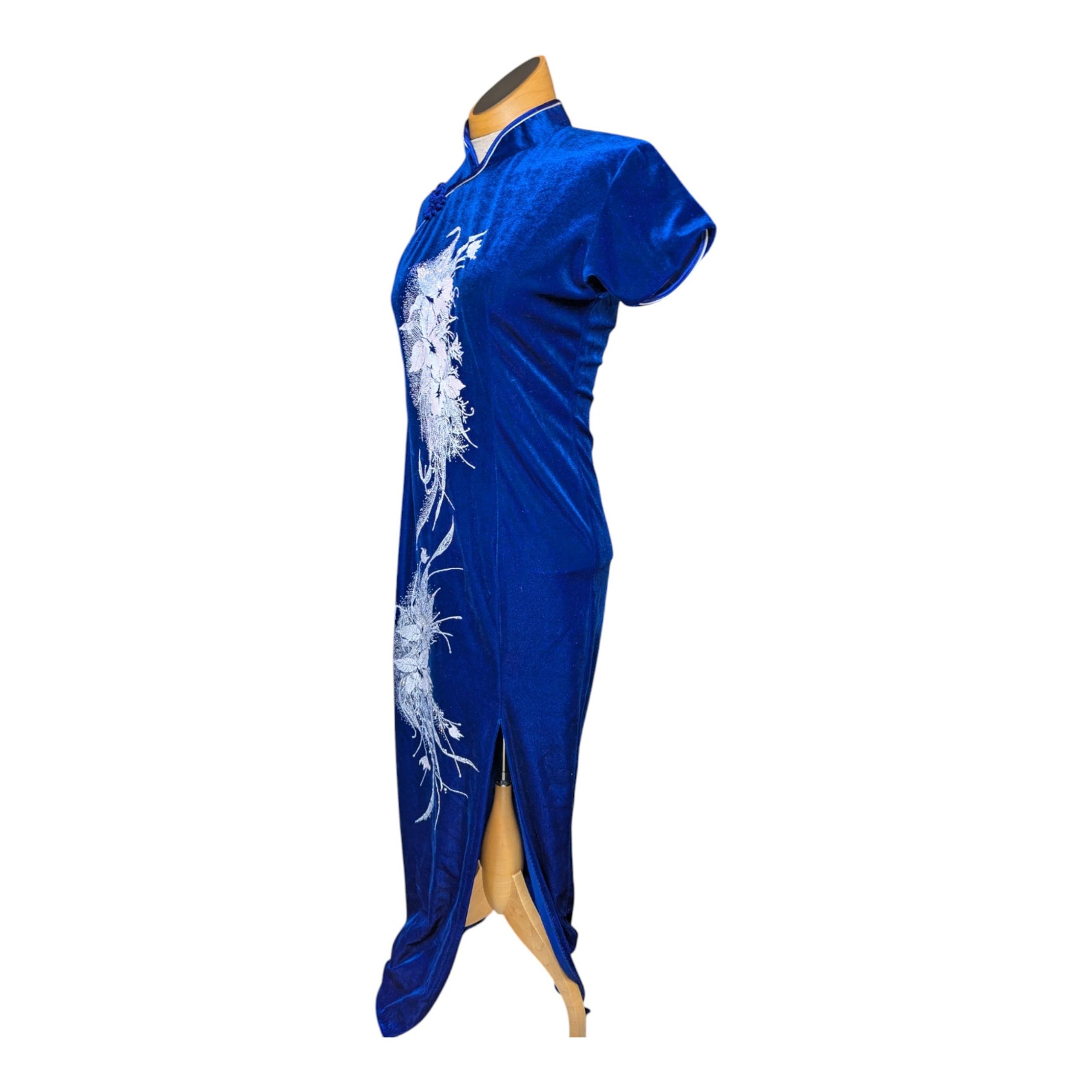 Vtg 1990s Cobalt Blue Velvet Floral Glitter Chinese Cheongsam Qipao Maxi Dress M