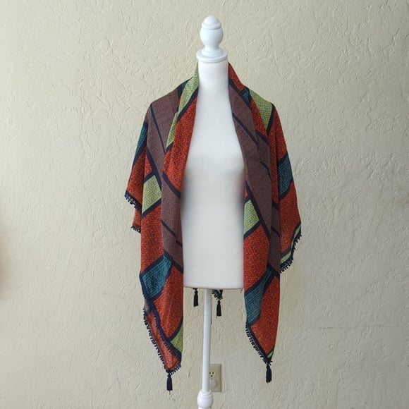 Gypsy 05 Printed Silk Navy Multi Tassel Scarf